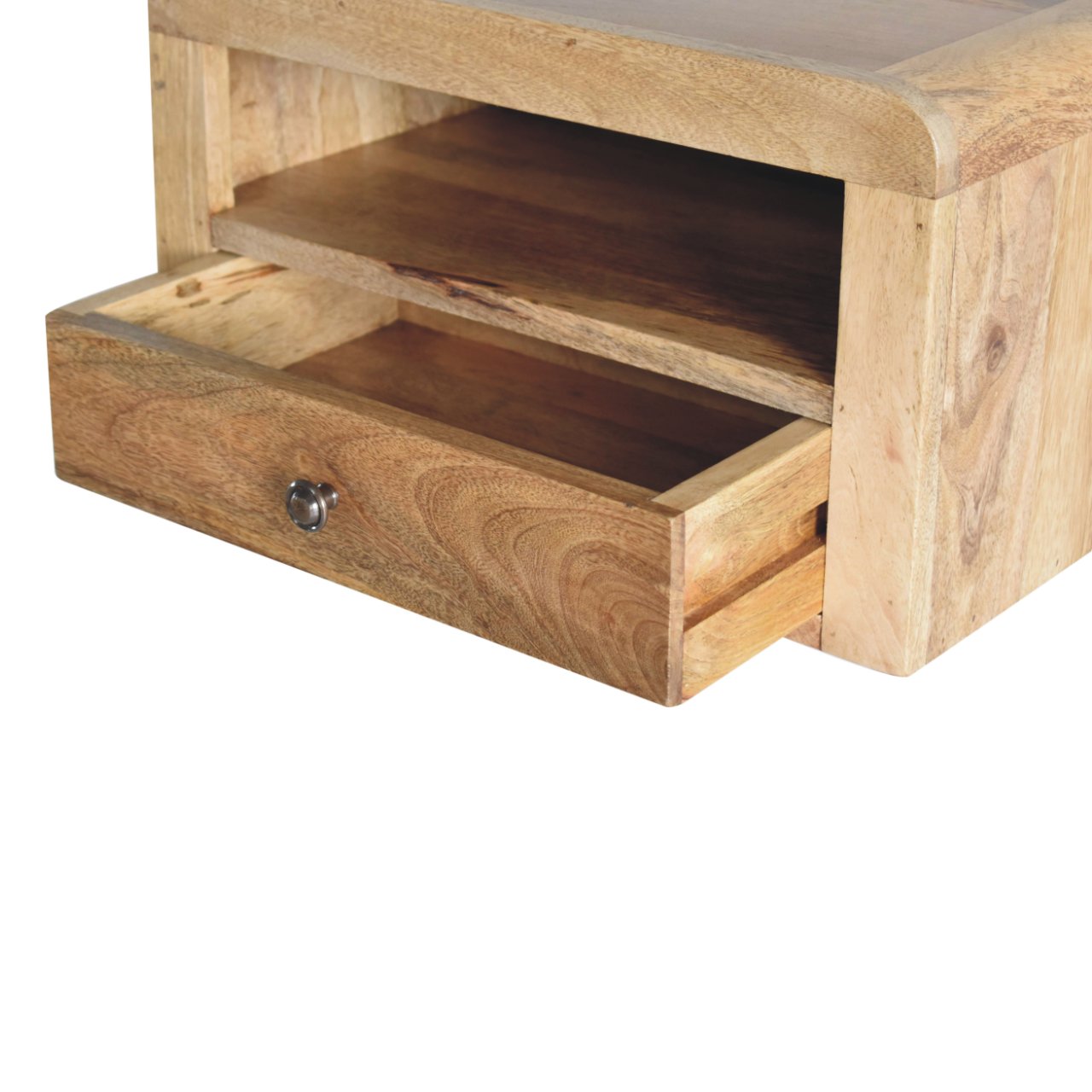 Light wood bedside table with open drawer and single shelf