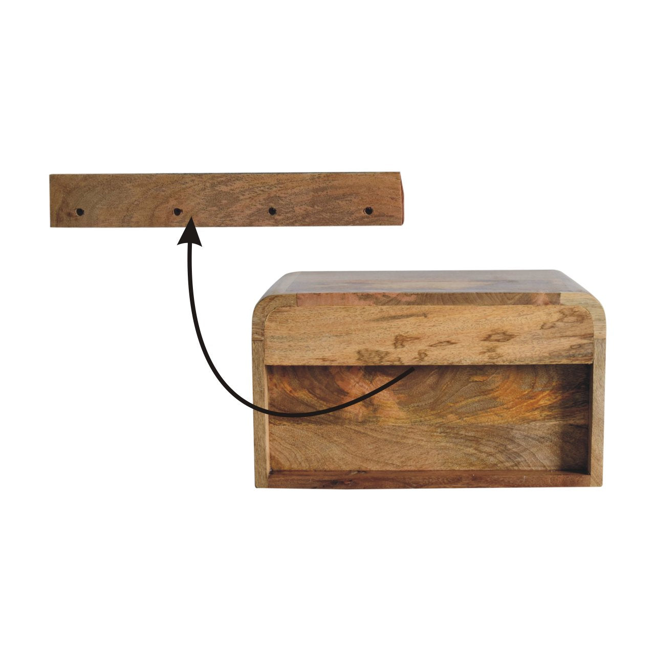 Wooden floating bedside table with carved front panel and concealed drawer