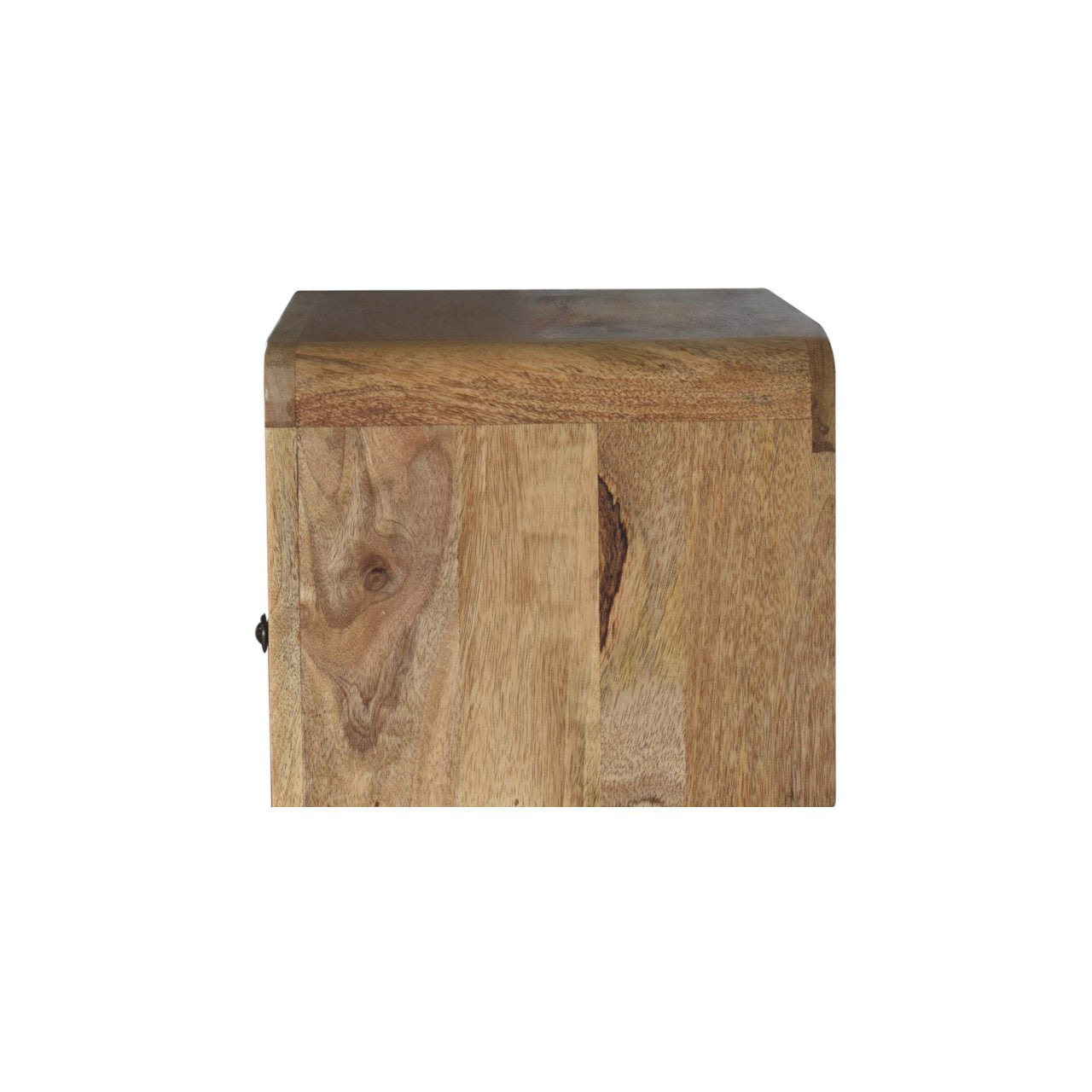Solid mango wood bedside table with rounded top edge and dark metal handle