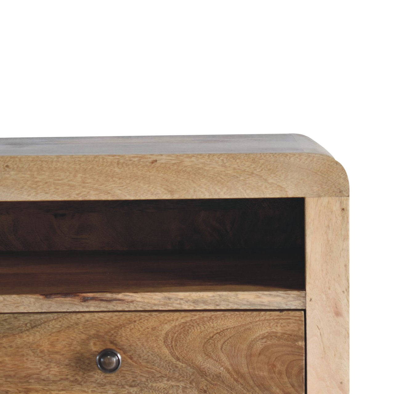 Closeup of natural wood drawer with dark metal knob showcasing rustic charm