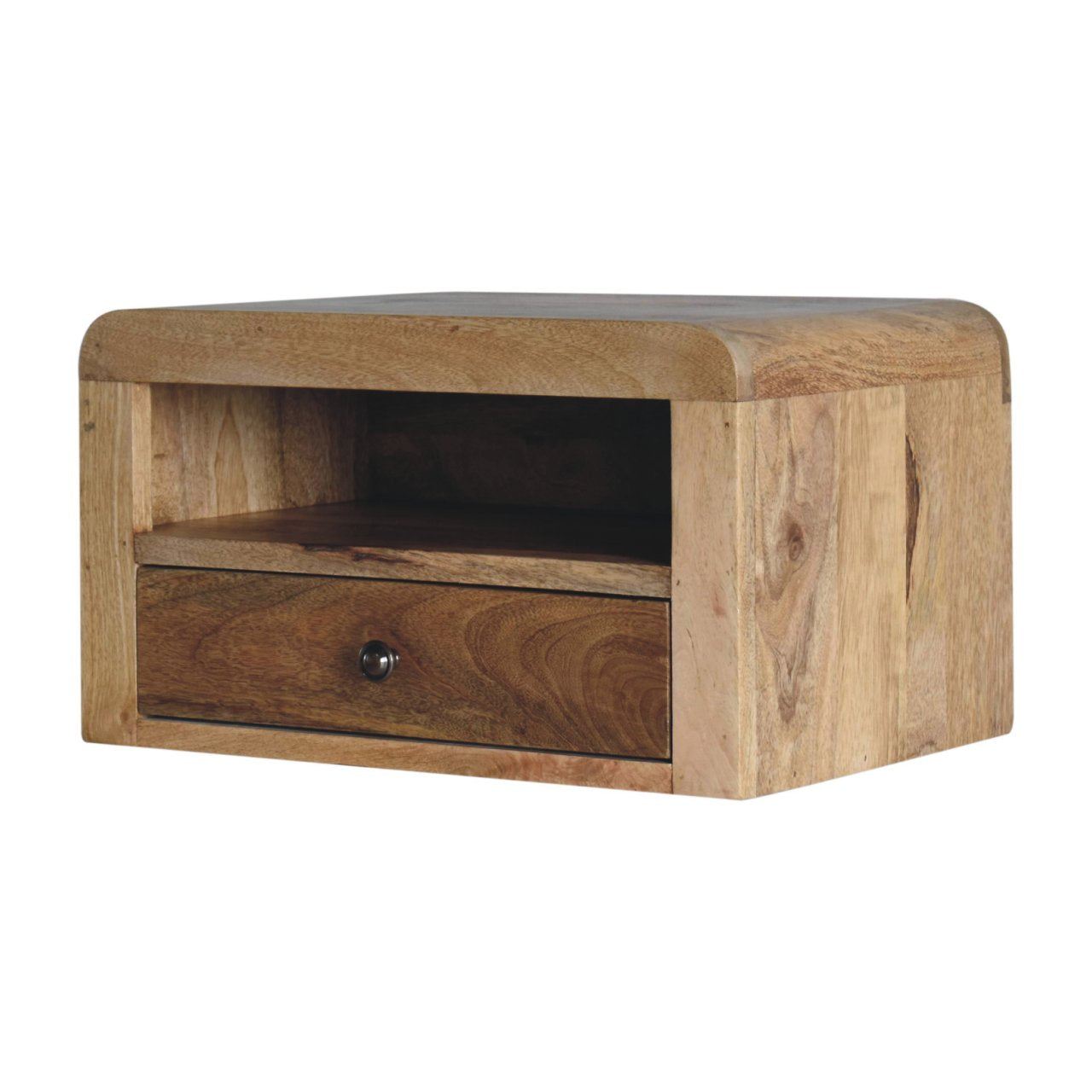 Solid mango wood nightstand with rounded edges and one drawer