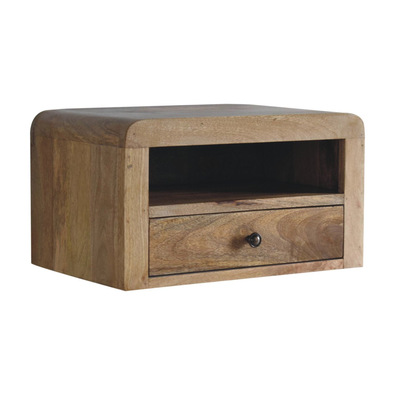 Modern mango wood nightstand with curved edges and one drawer
