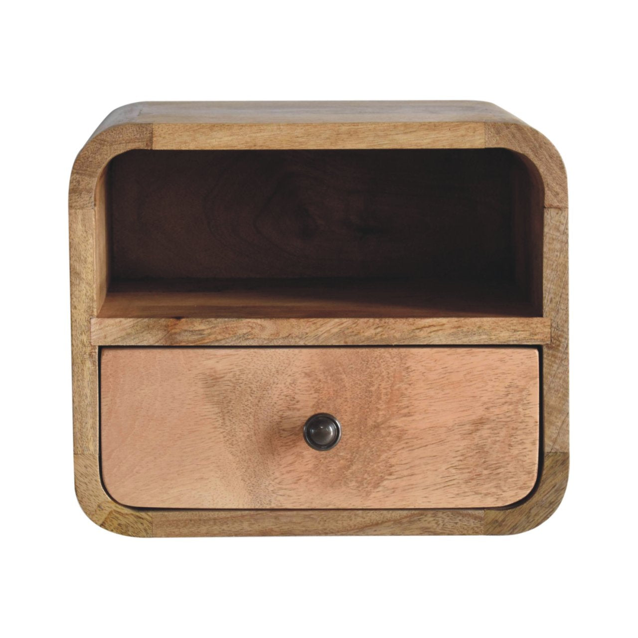 Solid mango wood bedside table with open shelf and one drawer