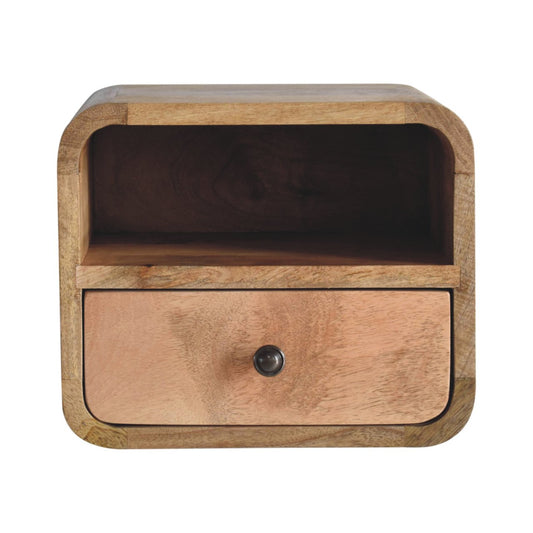 Solid mango wood bedside table with open shelf and one drawer