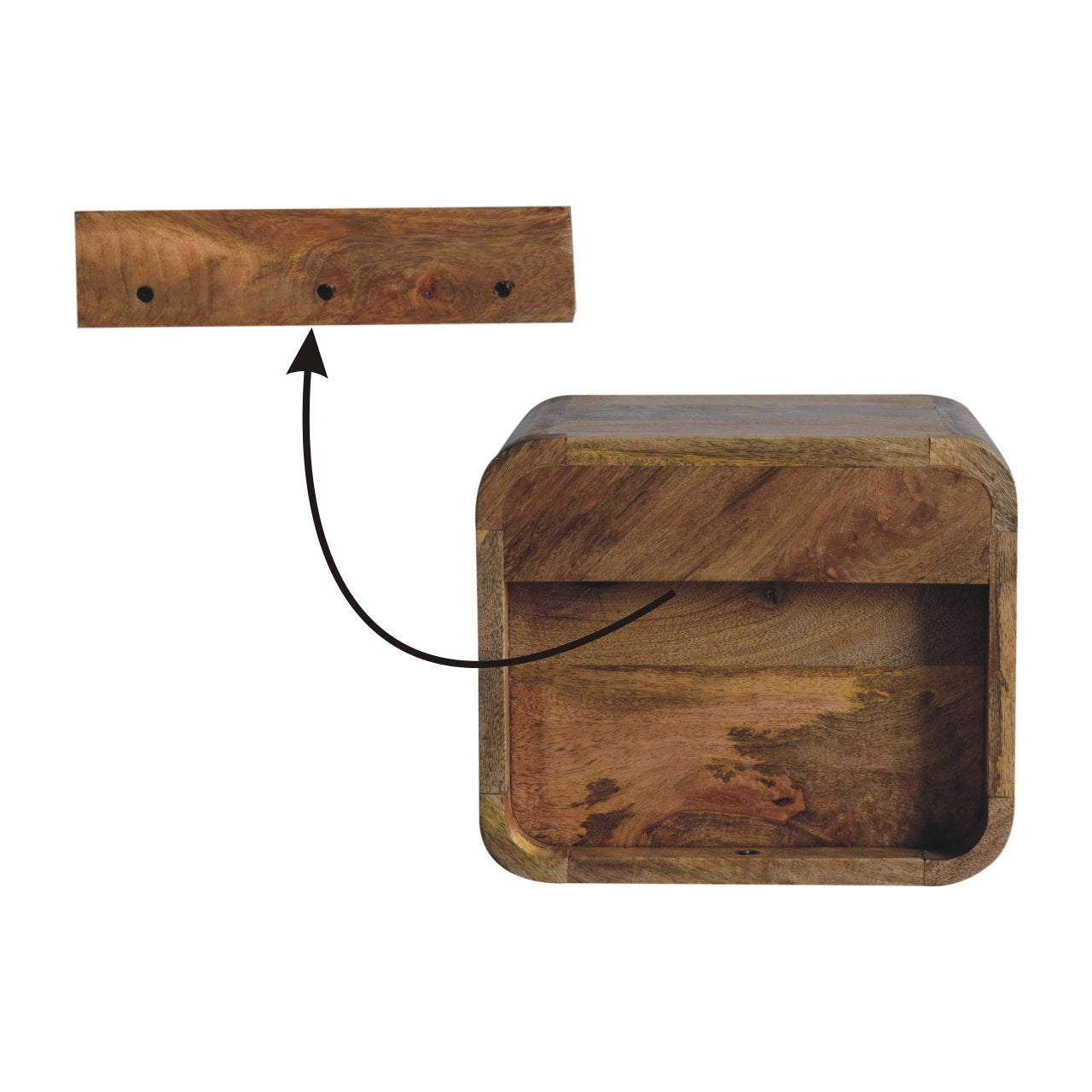 Wooden wallmounted bedside table with rounded edges and natural grain