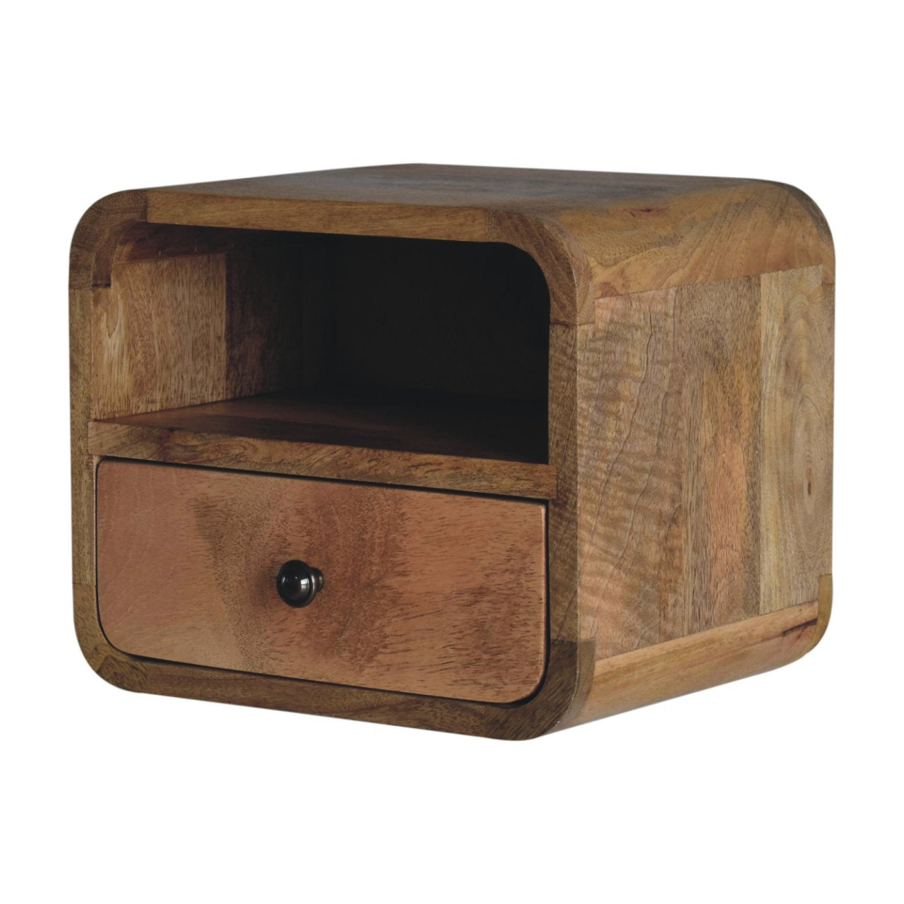 Solid mango wood bedside table with rounded edges and one drawer