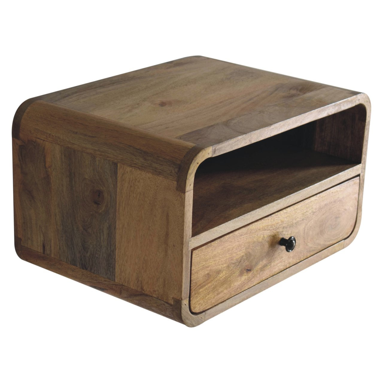 Natural wood bedside table with rounded edges and a single drawer