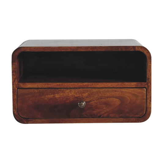 Solid wood nightstand with curved edges one open shelf and a single drawer