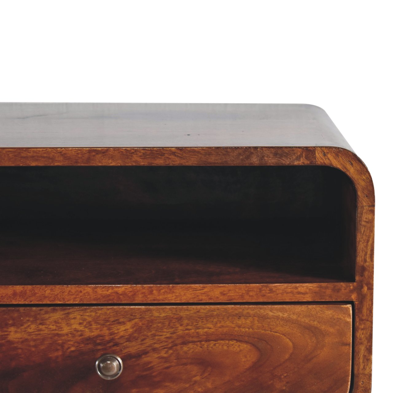 Solid wood nightstand with curved edges and a single drawer