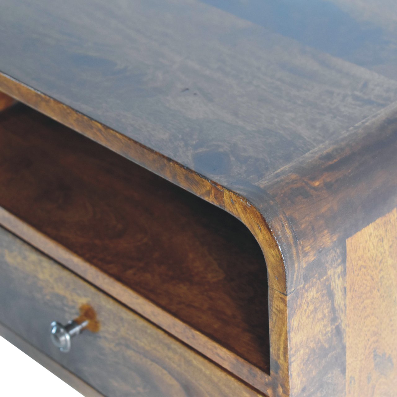 Dark wood media console with rounded edges open shelf and silver pull drawer