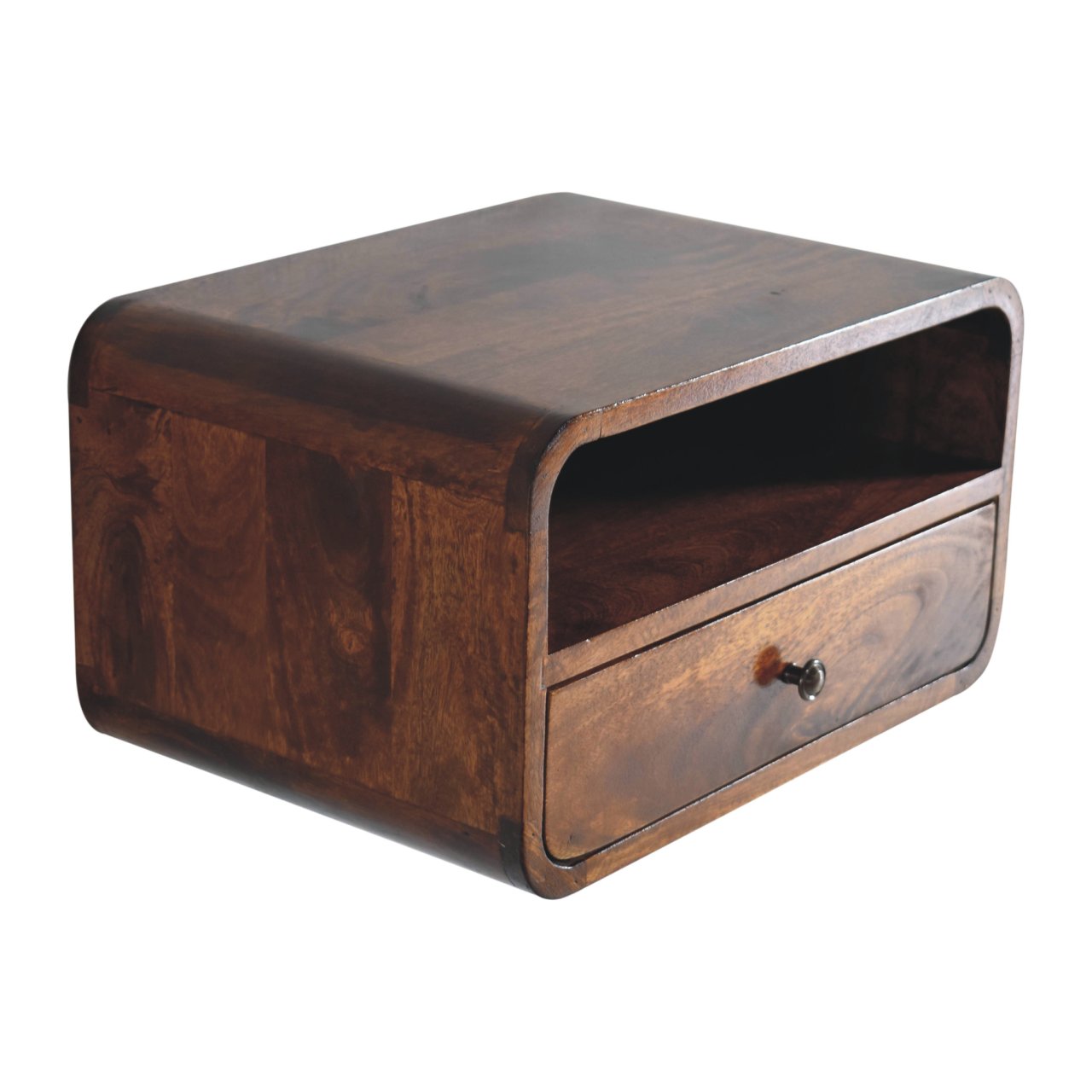 Solid wood floating nightstand with curved edges and one drawer