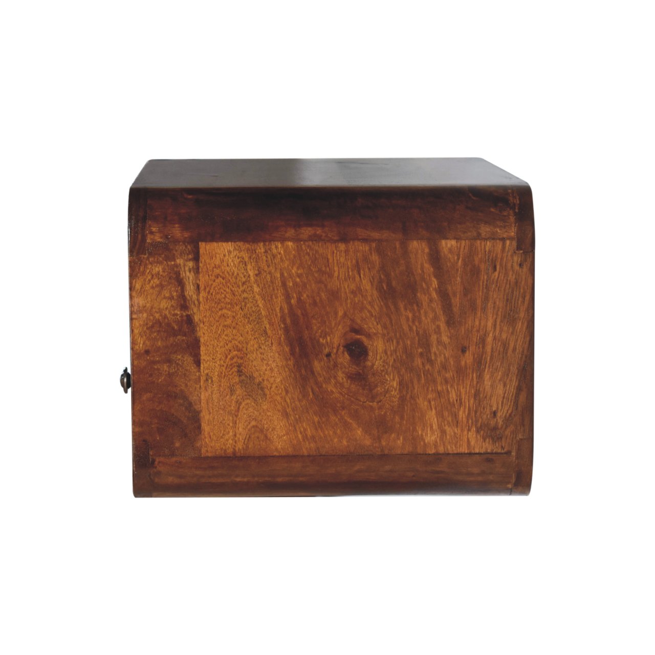 Rich dark wood accent chest with a natural grain finish and antique drawer pull