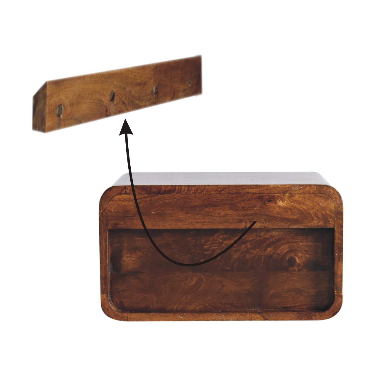 Wooden coat rack with four metal hooks featuring natural grain finish
