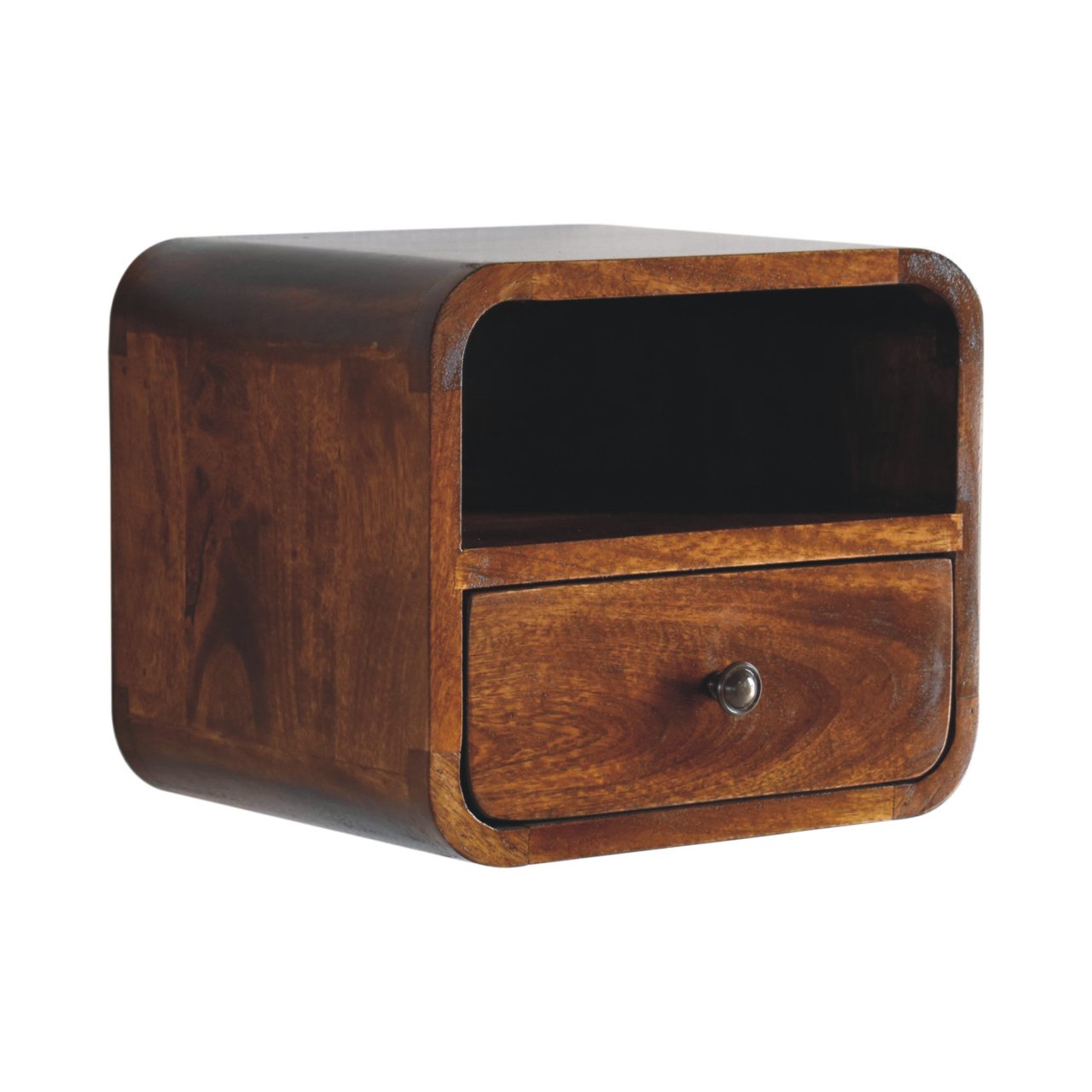 Solid wood bedside table with rounded edges and one drawer perfect for small spaces