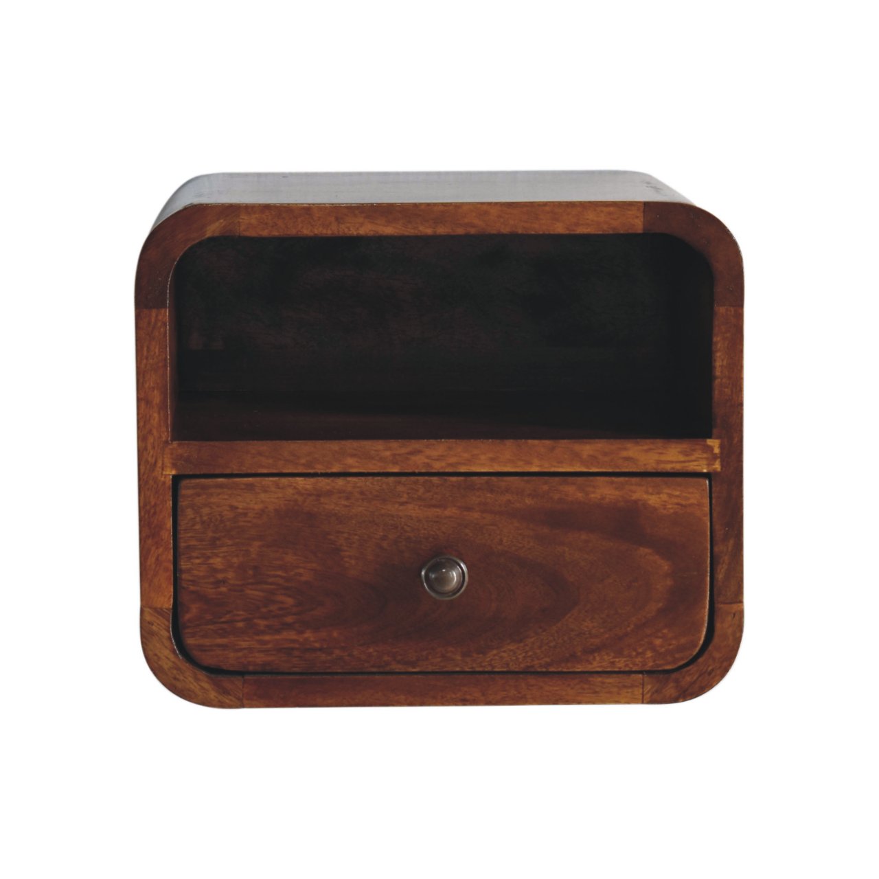 Small wooden bedside table with one drawer and open shelf