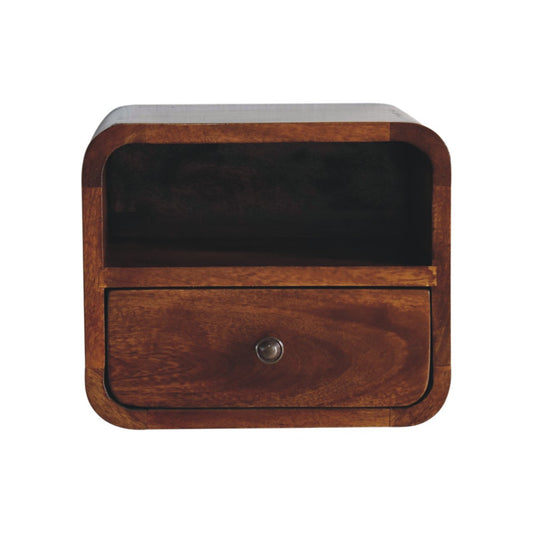 Small wooden bedside table with one drawer and open shelf