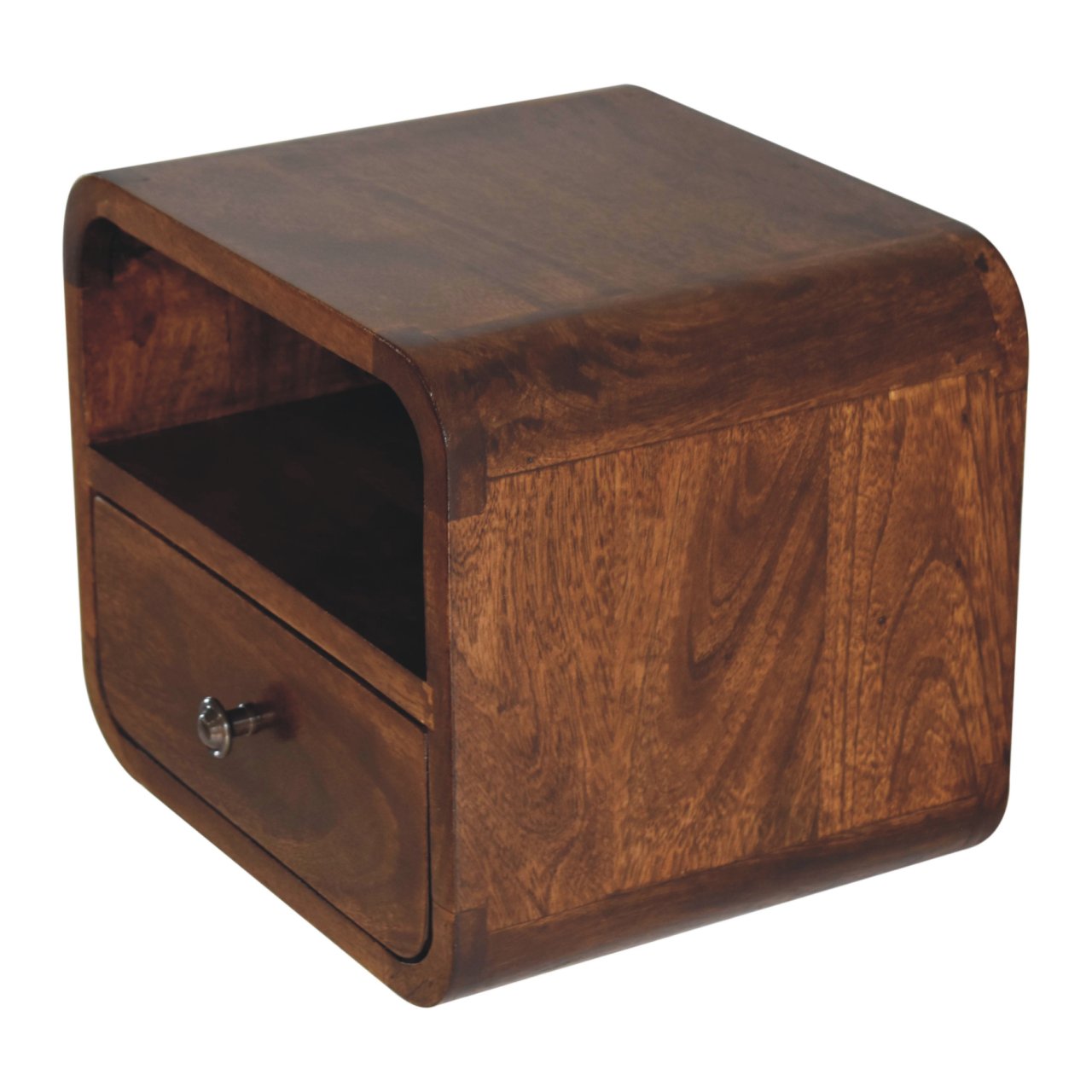 Dark wood bedside table with one drawer and open shelf featuring rounded edges