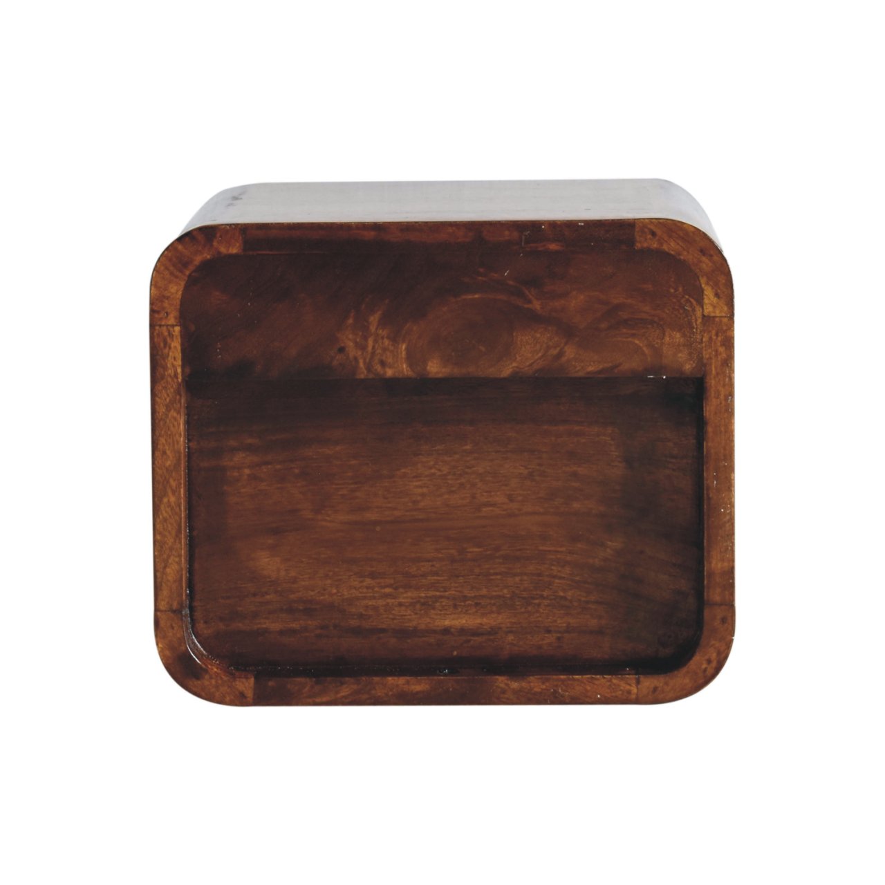 Rustic dark wood storage box with rounded corners and natural grain detail