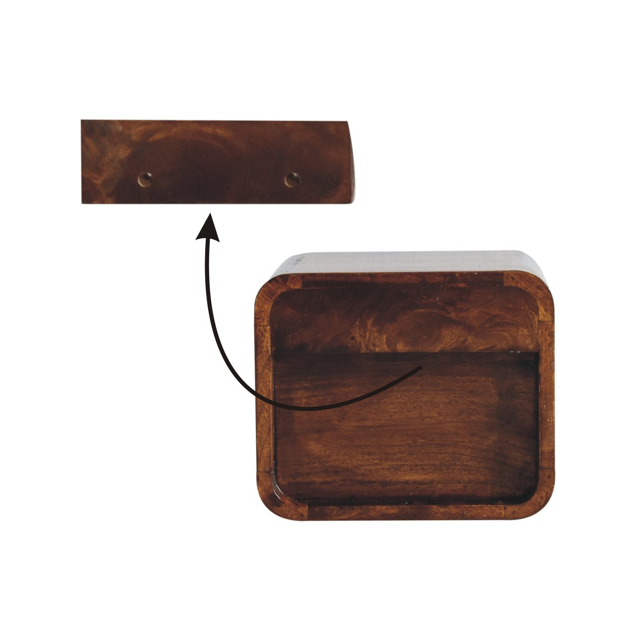 Rustic wooden wall shelf with natural wood grain detail showing mounting holes