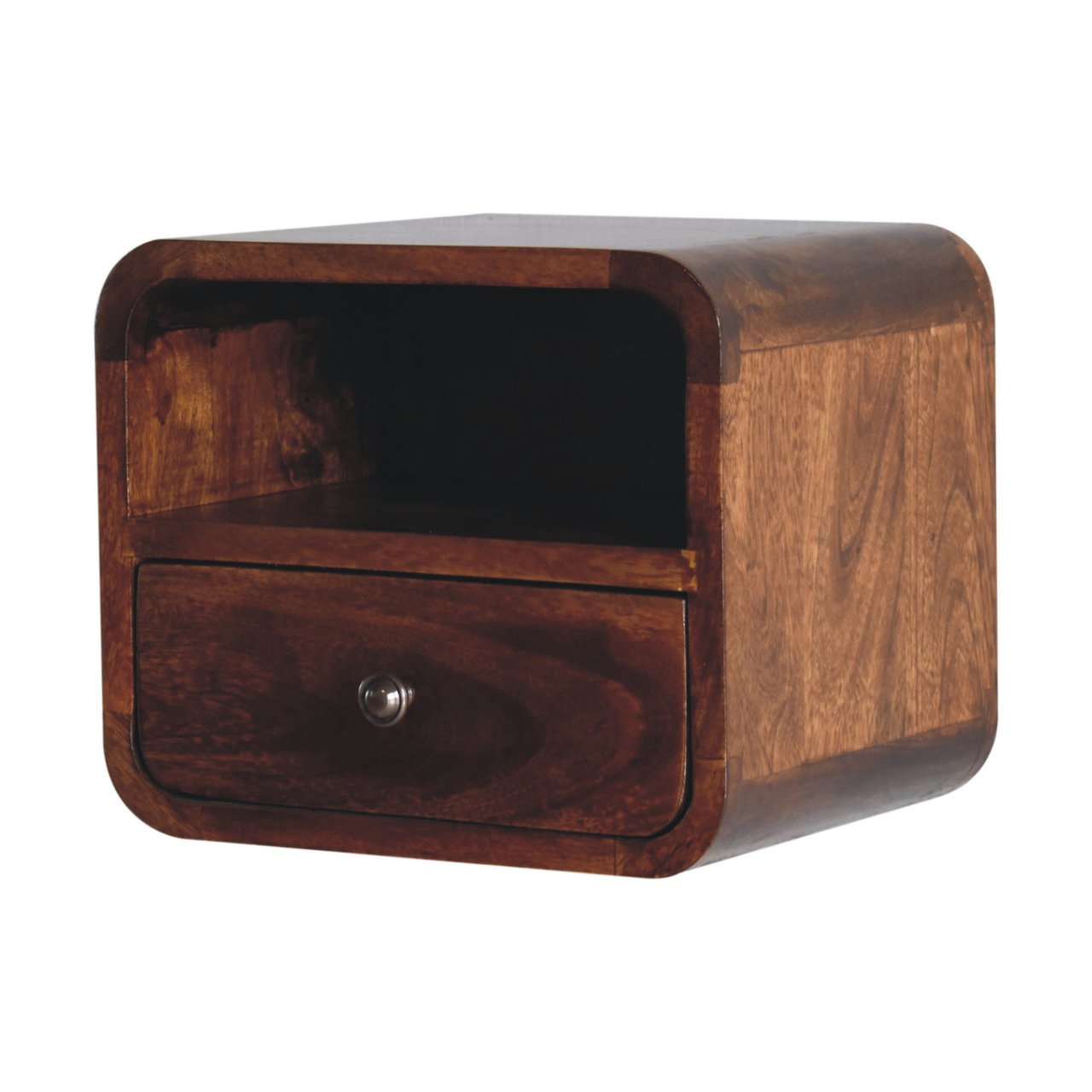 Curved solid mango wood bedside table with one drawer and open shelf