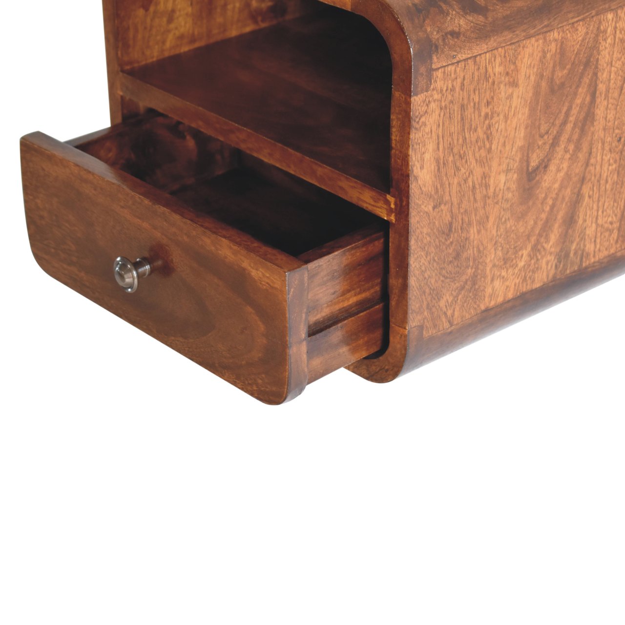 Solid wood bedside table with one open drawer and smooth rounded edges