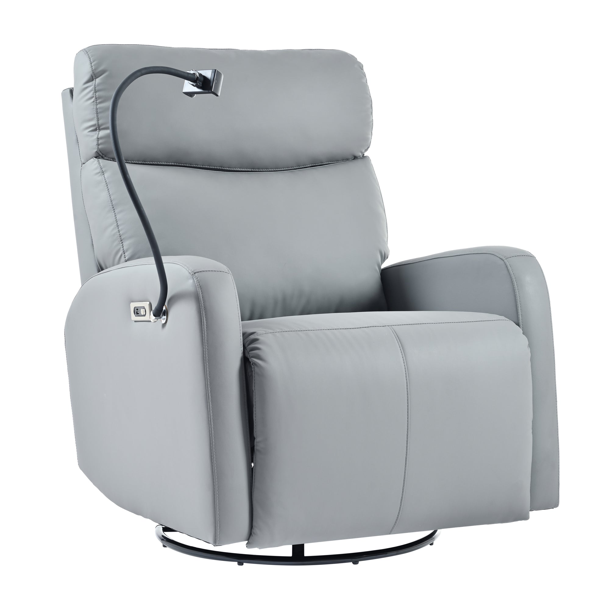 Gray leather recliner chair with adjustable reading lamp and swivel base