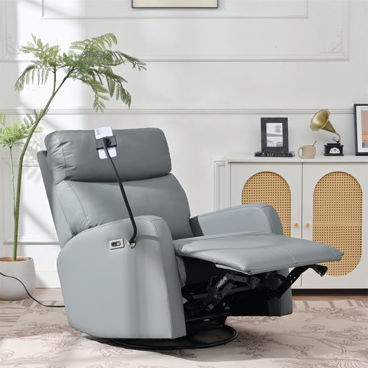 Comfortable gray leather electric recliner chair with adjustable footrest and swivel base