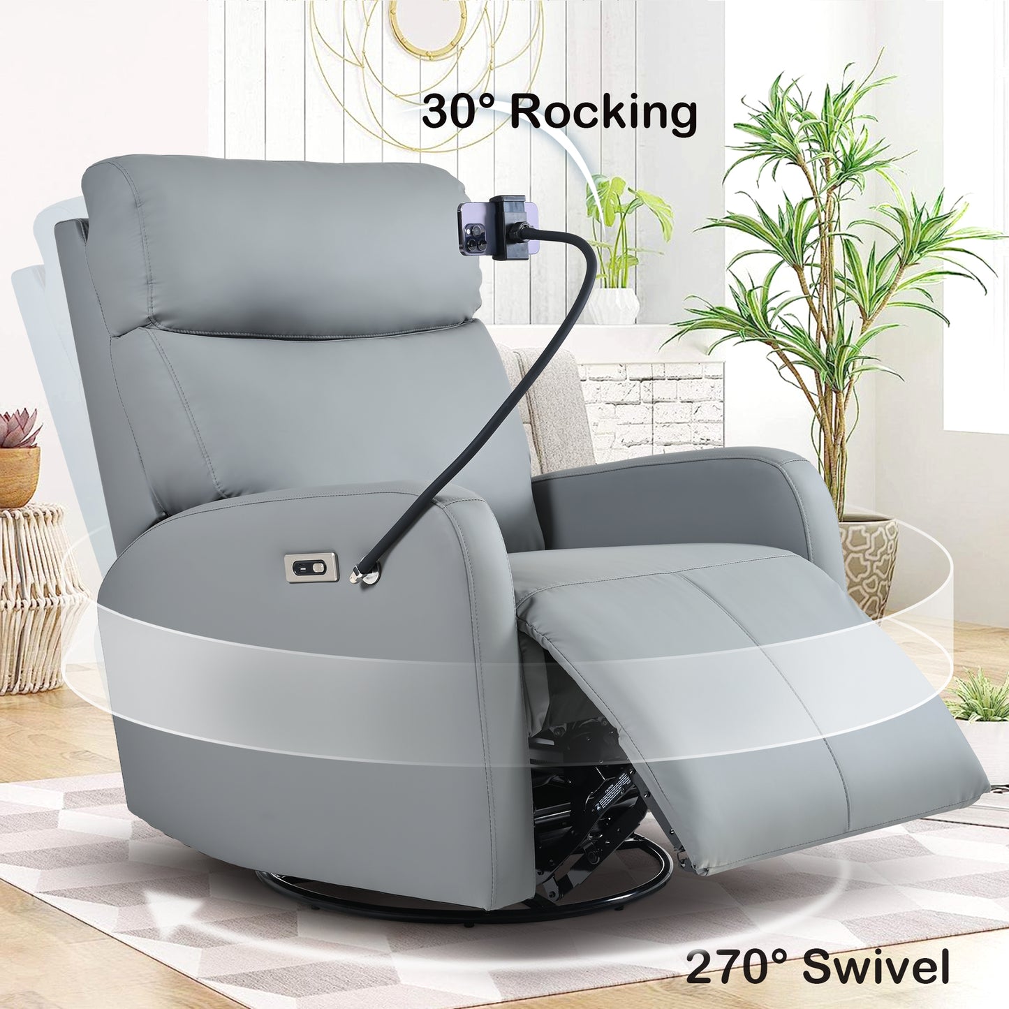 Modern grey leather power recliner with integrated phone mount  rocking