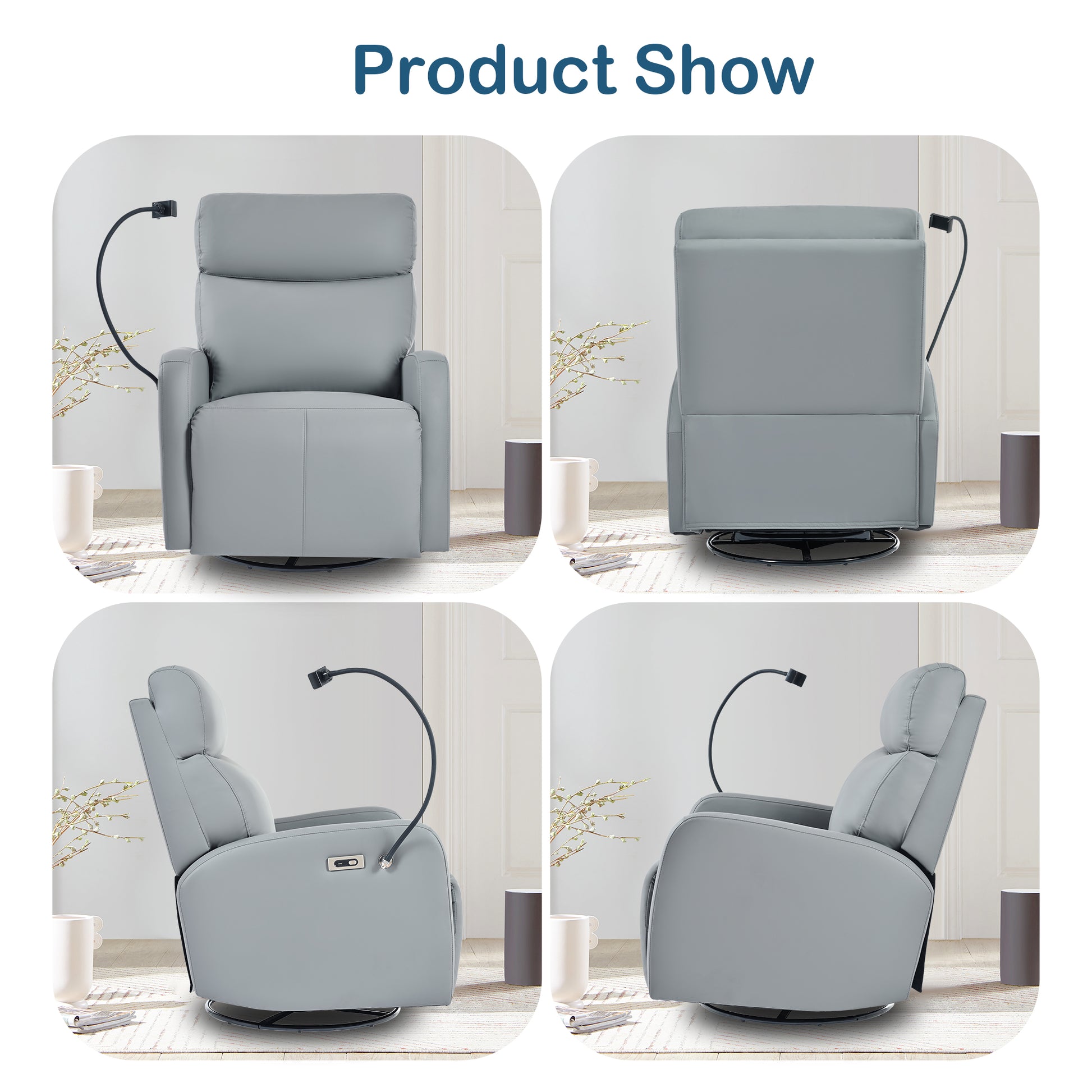 Gray recliner chair with attached reading lamp and plush cushioning