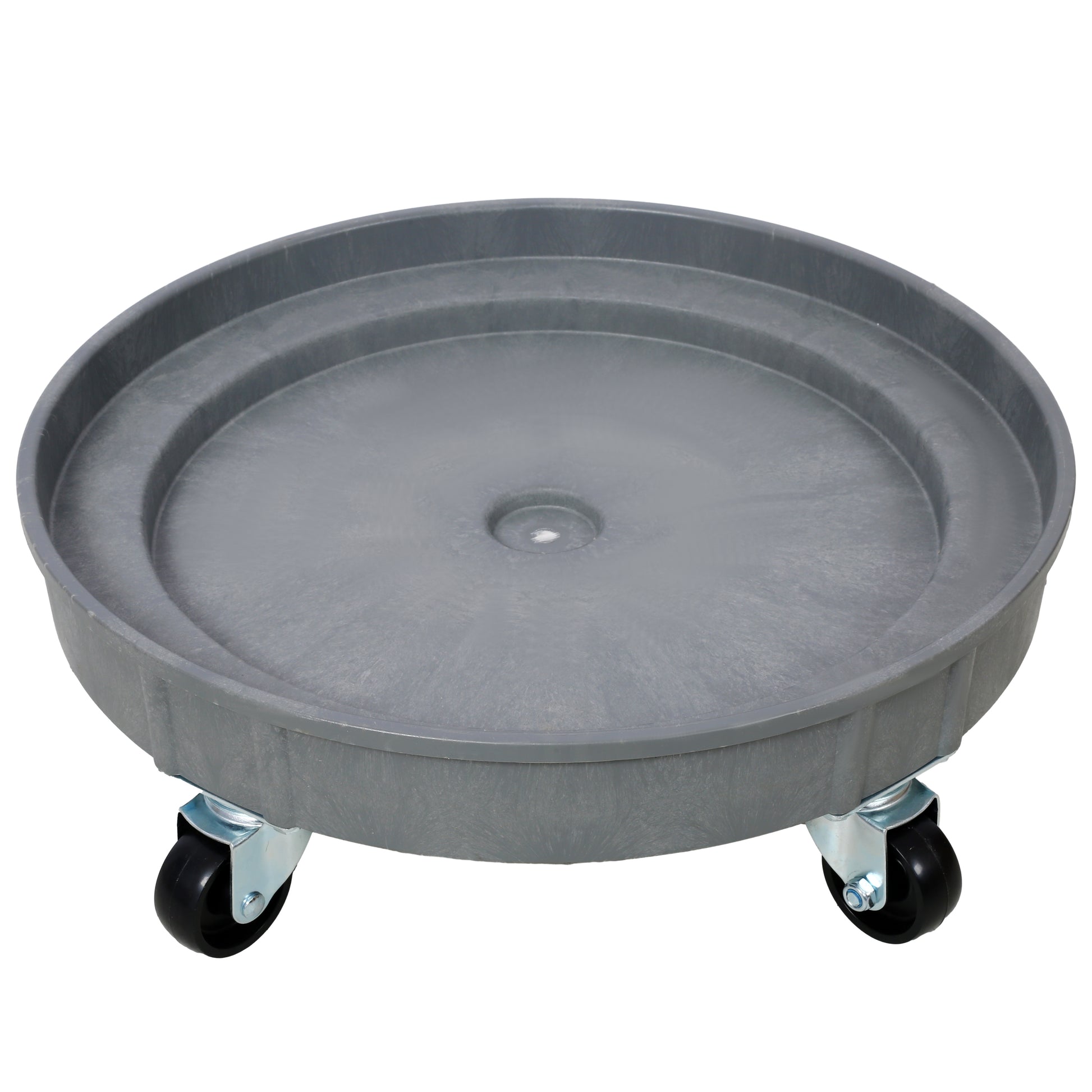 Round grey plastic plant caddy with swivel wheels for easy pot moving