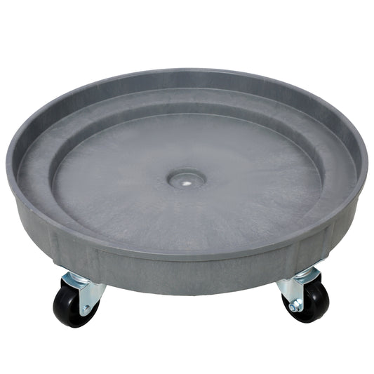 Round grey plastic plant caddy with swivel wheels for easy pot moving