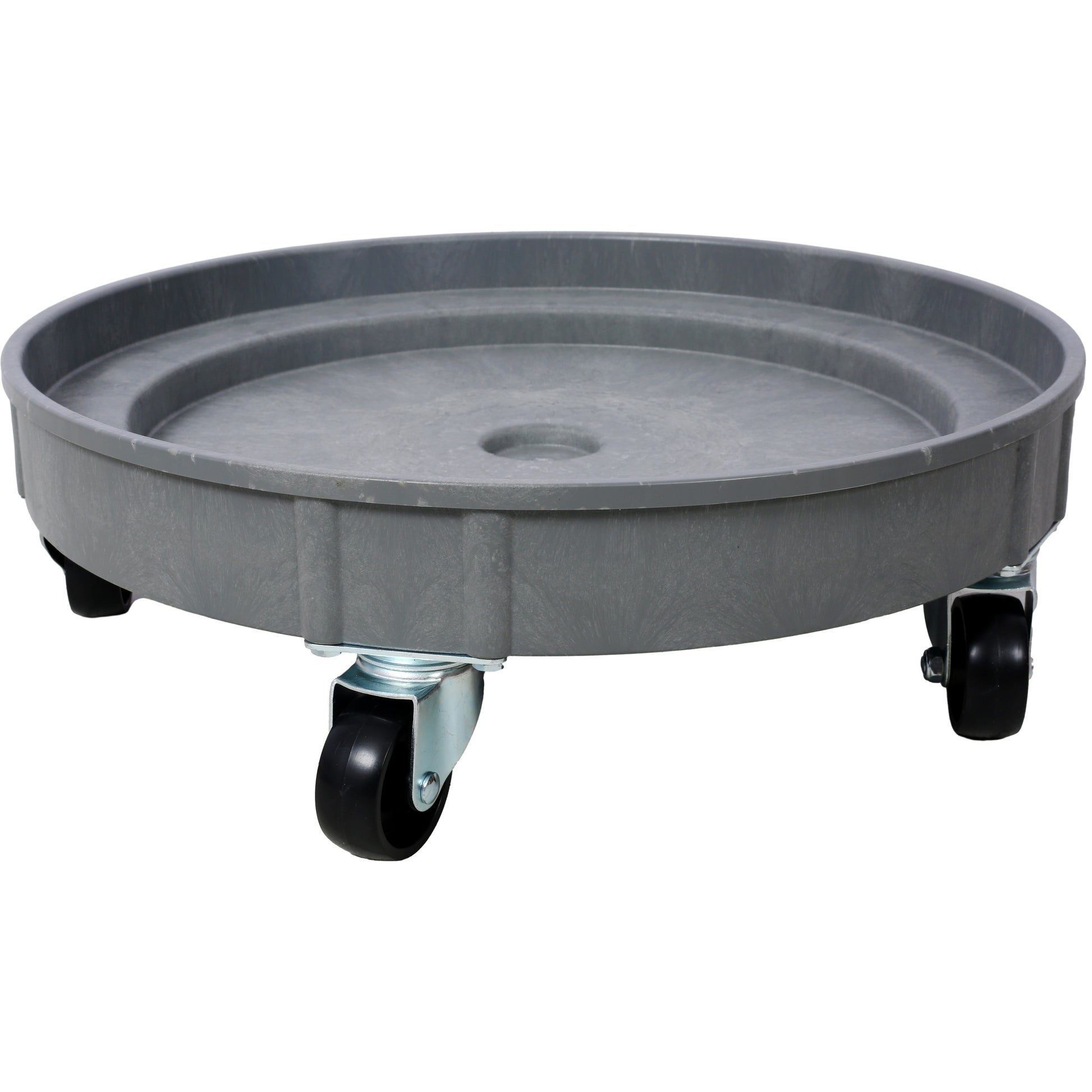 Gray plastic plant caddy with wheels for easy pot moving