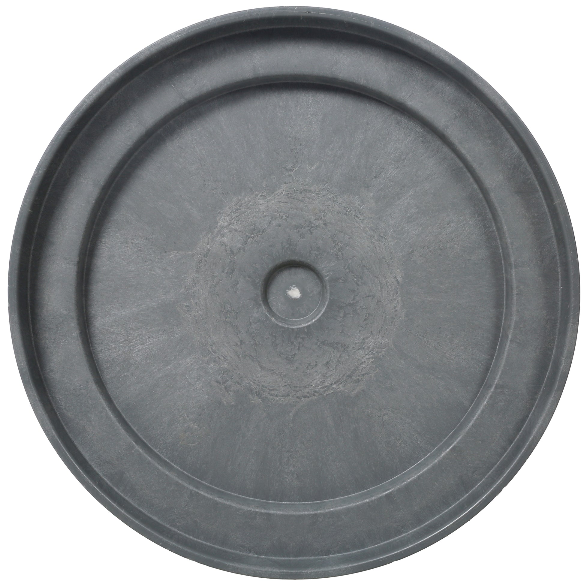 Gray circular plastic planter saucer with concentric ridges for drainage