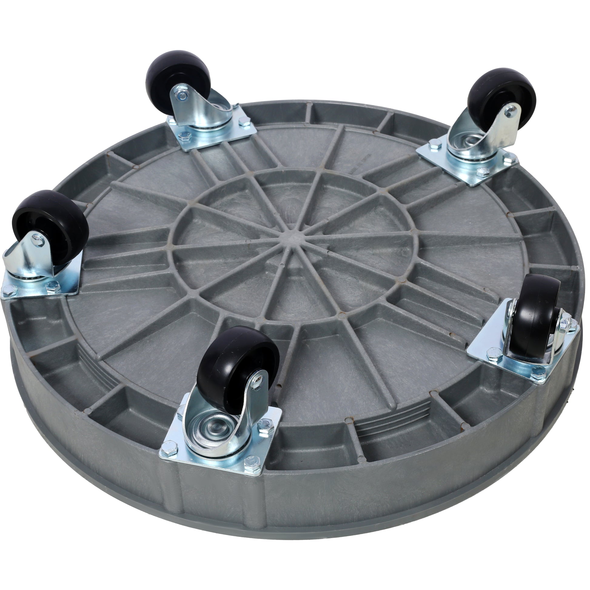 Gray round plant caddy with five black wheels and metal casters