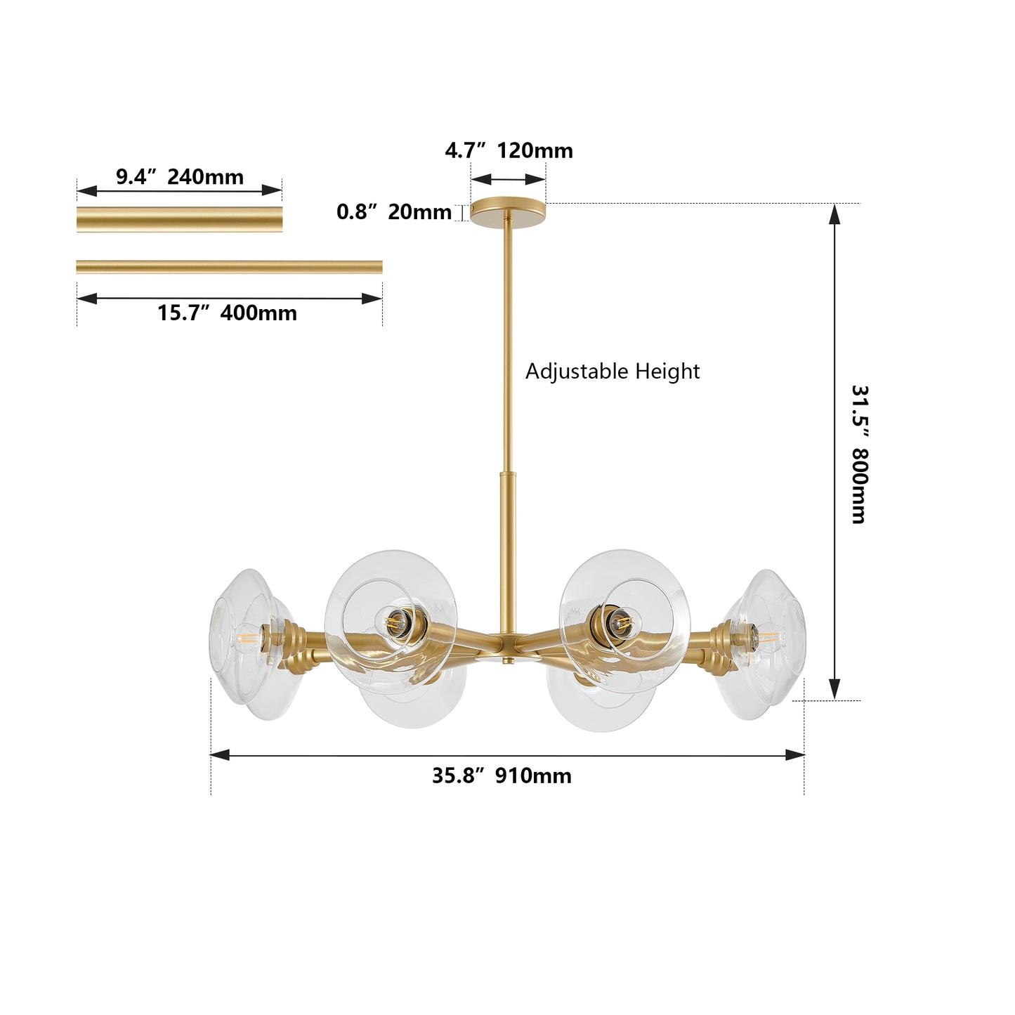 Modern gold chandelier with clear glass shades and adjustable height mm wide