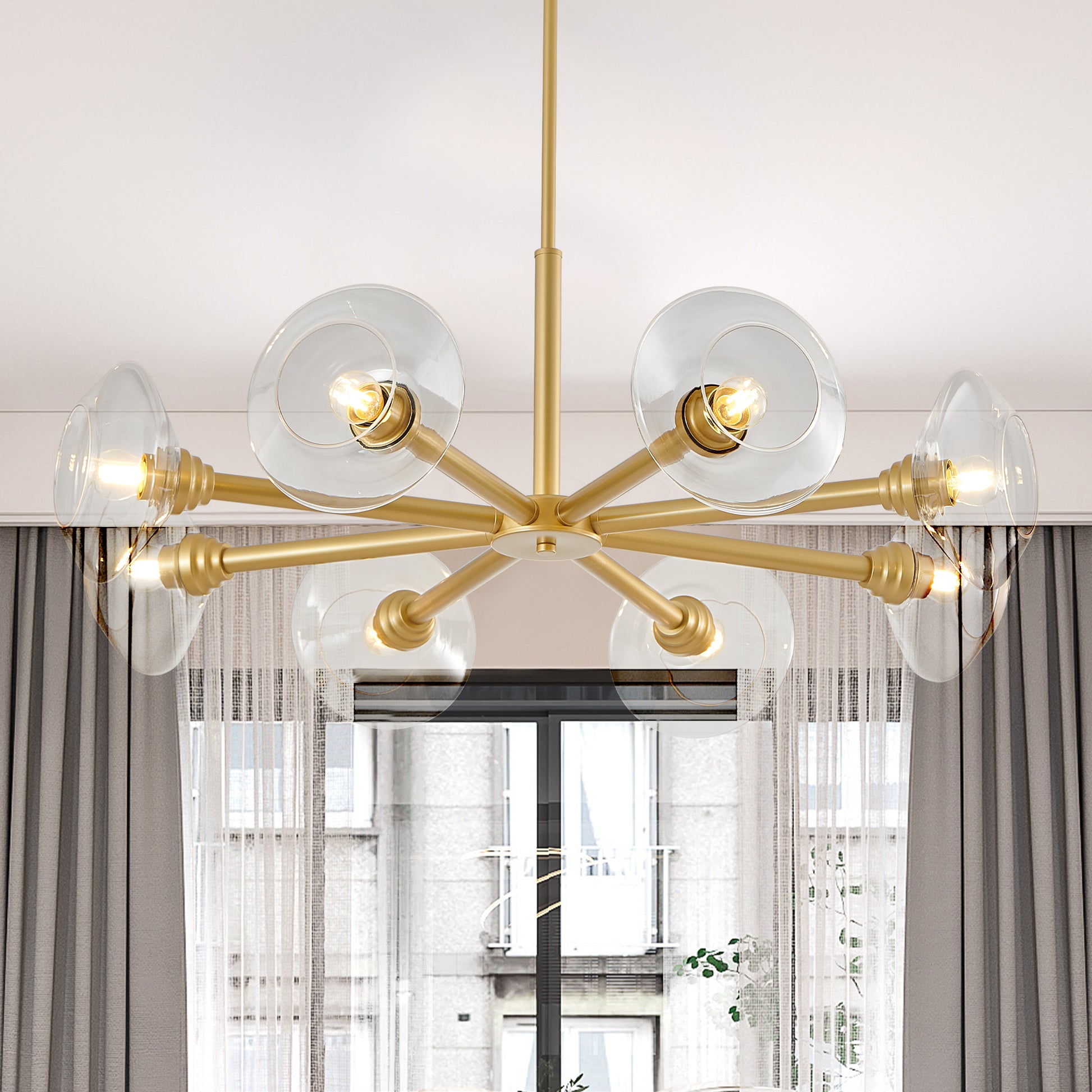 Sleek modern gold chandelier with eight glass globe shades perfect for dining room lighting
