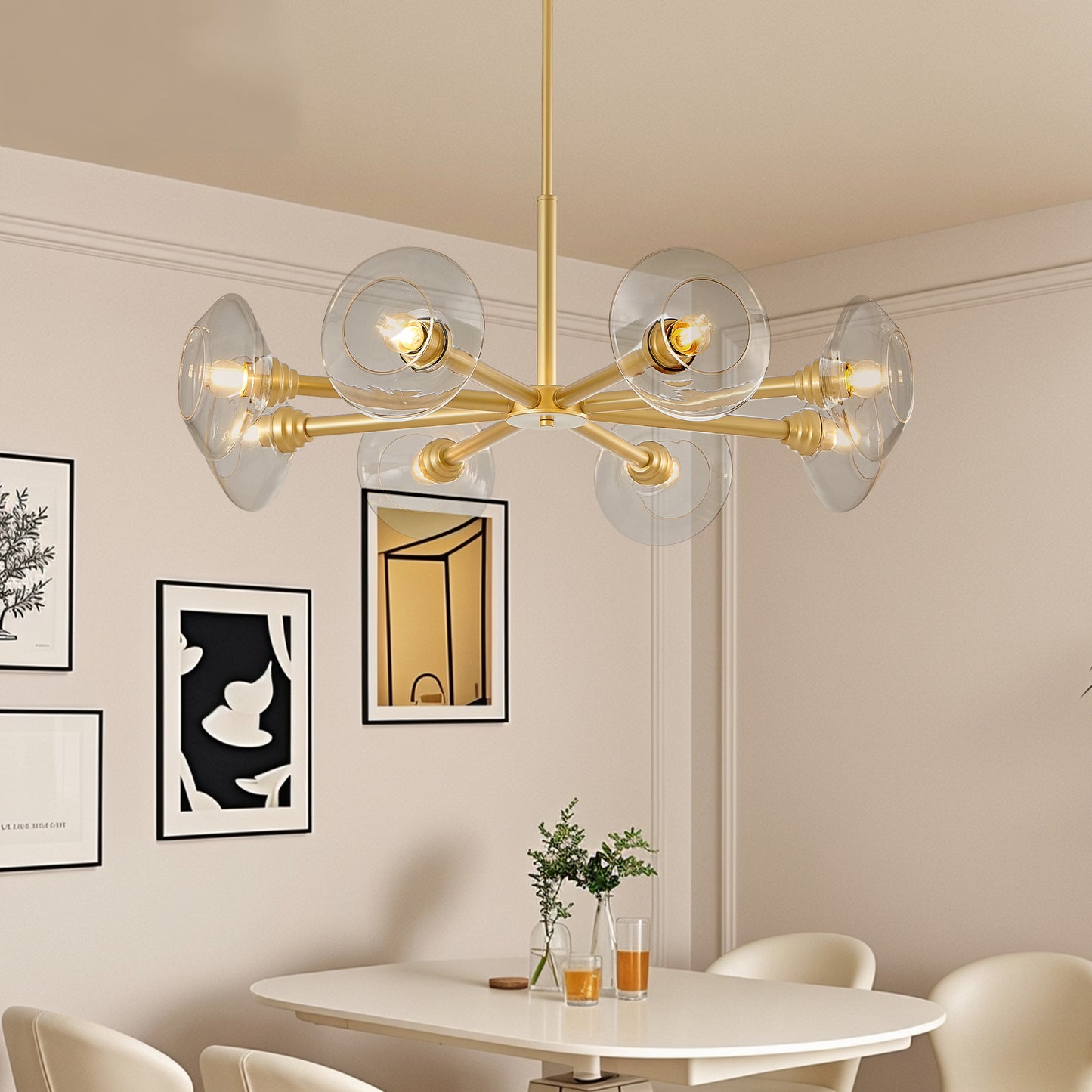 Modern gold chandelier with clear glass shades and exposed bulbs elegant dining room lighting