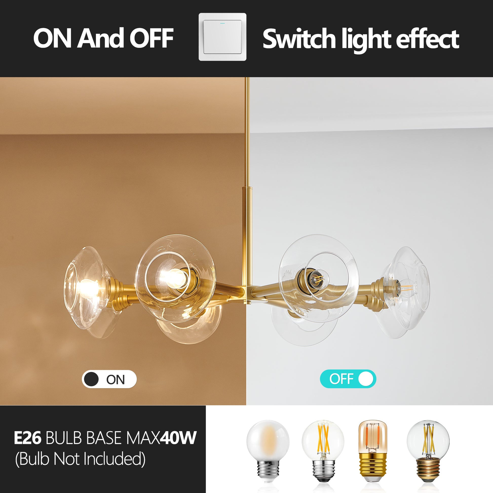 Contemporary gold chandelier with clear glass shades shown both on and off
