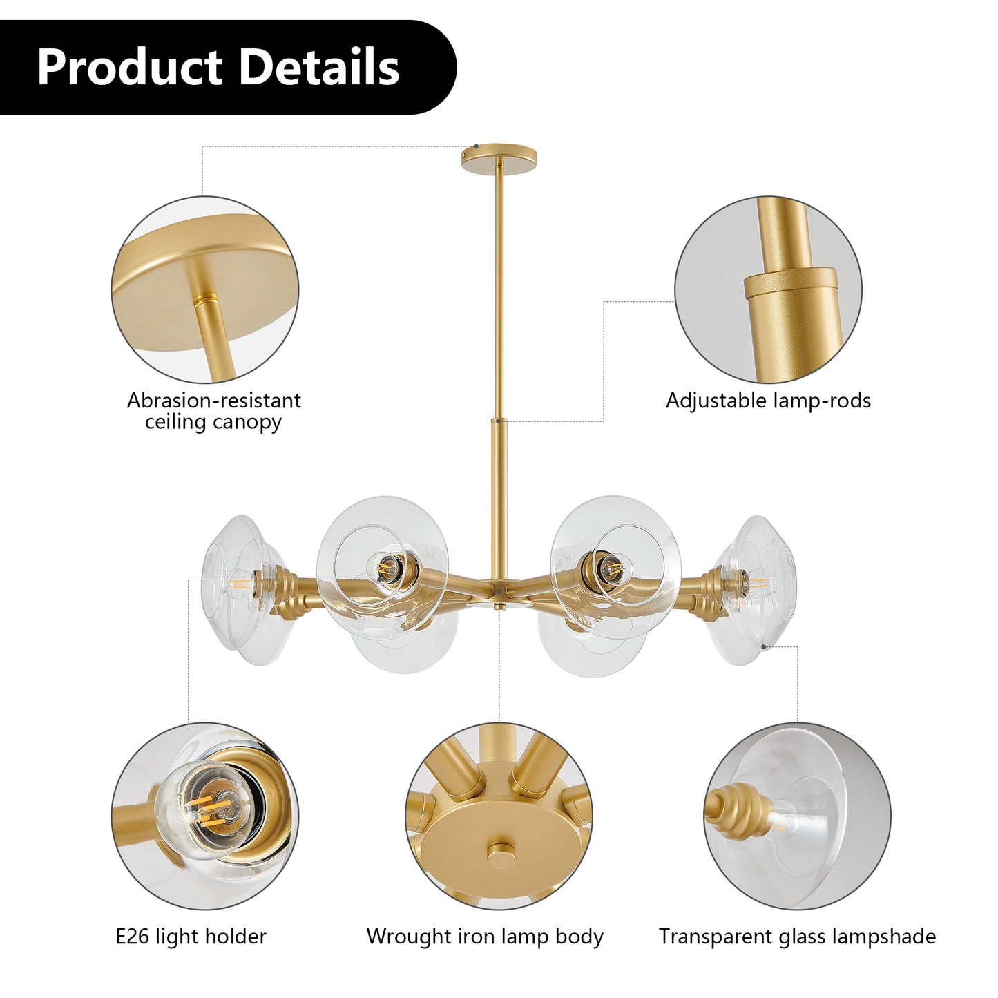 Gold wrought iron chandelier with transparent glass shades and E bulb holders