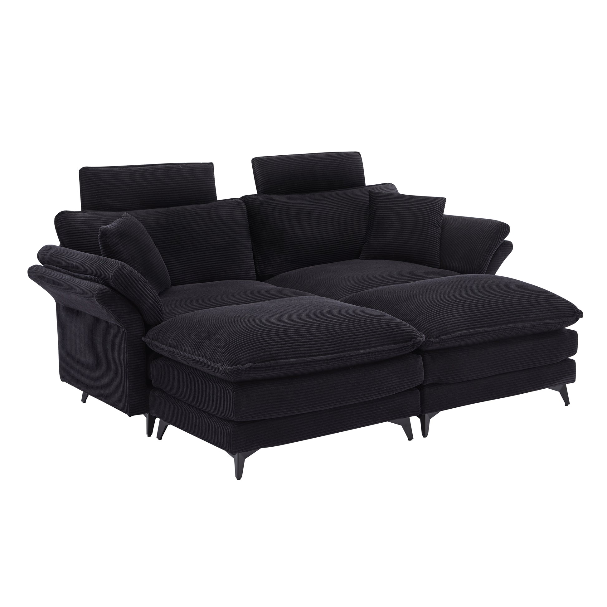 Black corduroy sectional sofa with adjustable headrests for modern living room comfort