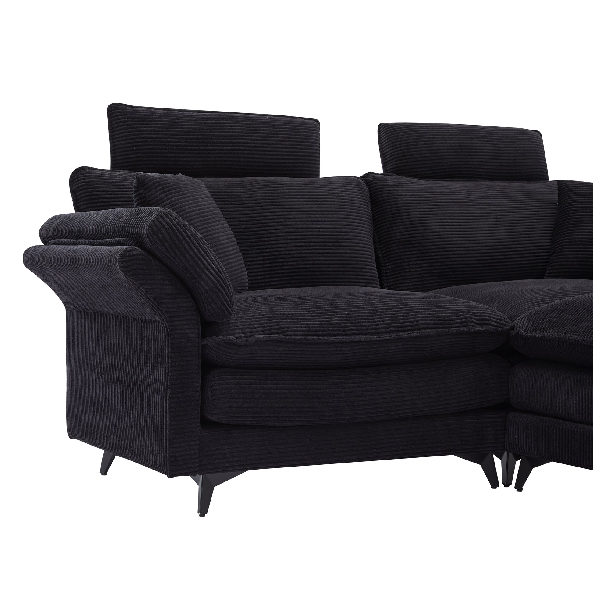 Black corduroy sectional sofa with adjustable headrests for living room comfort