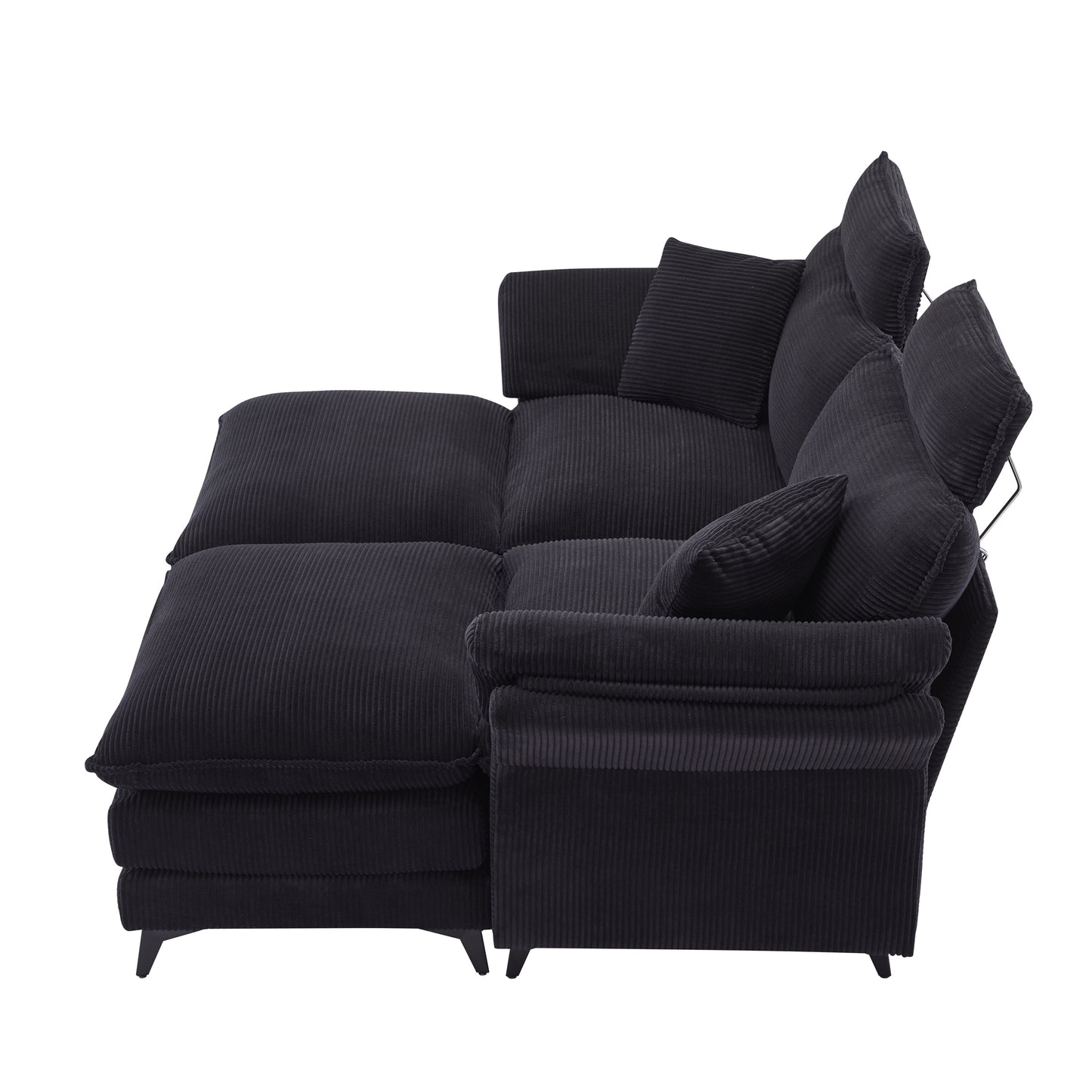 Black corduroy sectional sofa with plush cushions and adjustable headrests