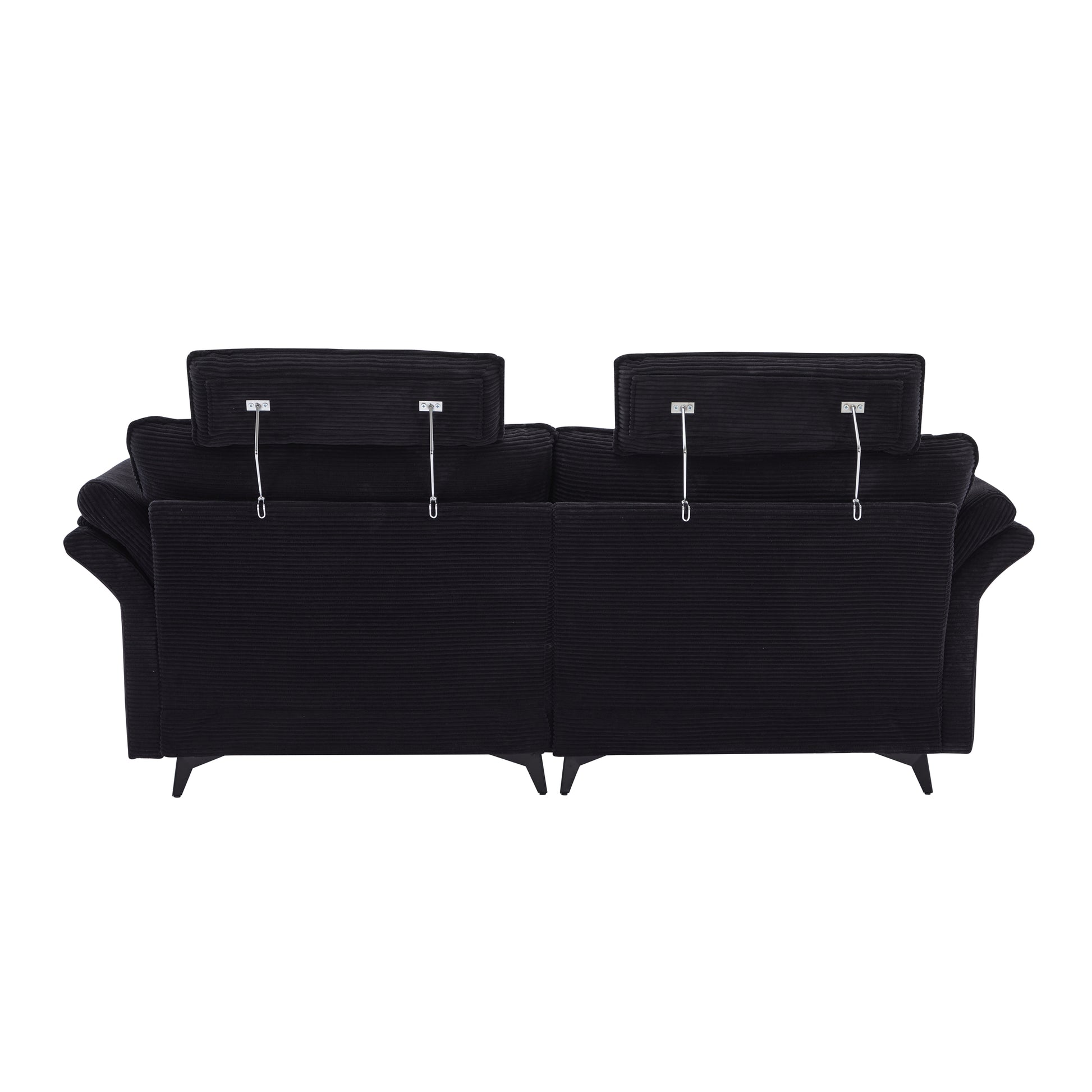 Black corduroy sofa with adjustable headrests and sleek metal accents
