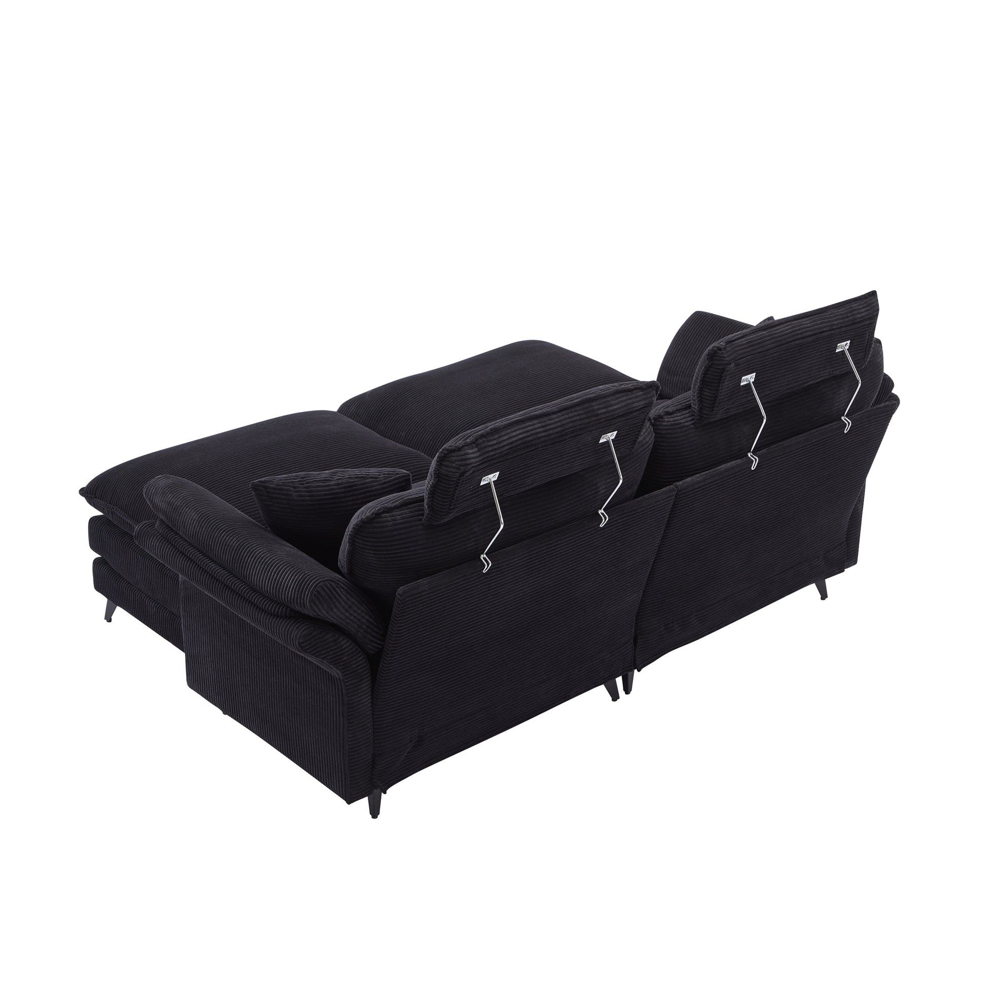 Black corduroy sectional sofa with adjustable headrests and modern black legs