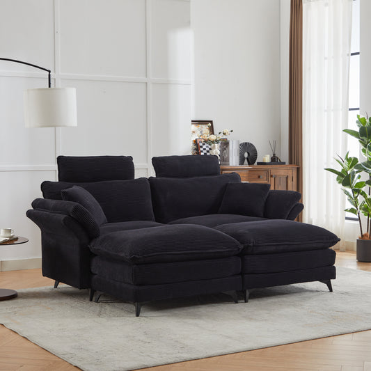 Plush black corduroy sectional sofa with deep seats and adjustable headrests