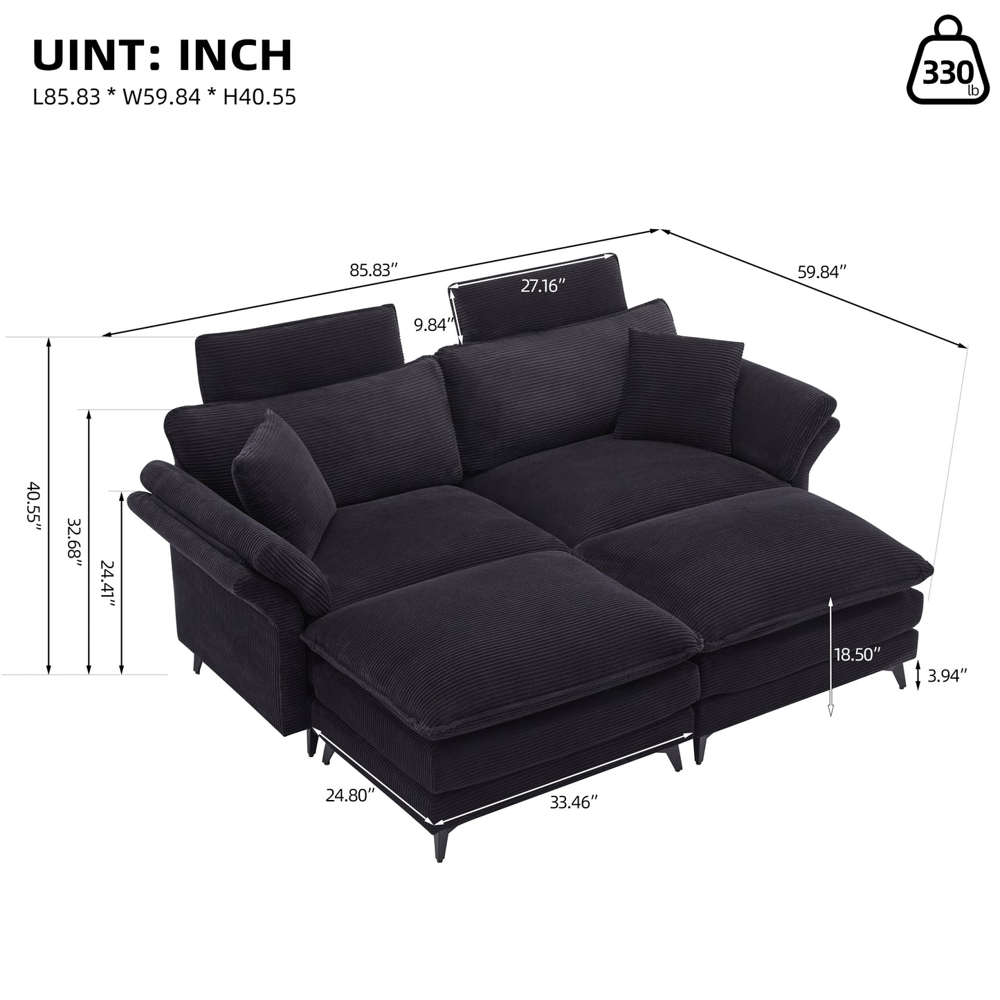 Black corduroy sectional sofa with plush cushions and adjustable headrests for living rooms