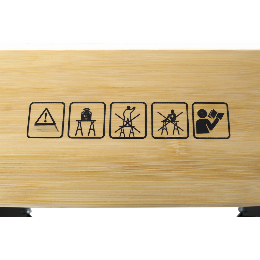 Bamboo laptop desk icons warning kg max load no standing on desk no climbing on desk