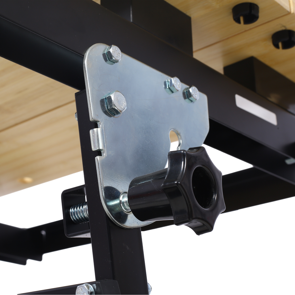 Adjustable knob clamp on black metal frame with wooden surface