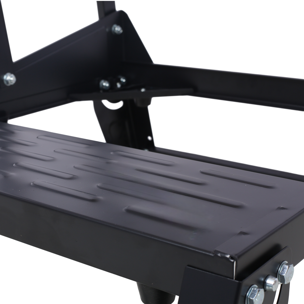 Black metal step with textured surface for enhanced grip