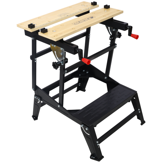 Black metal workbench with wooden top and red crank handles for DIY projects